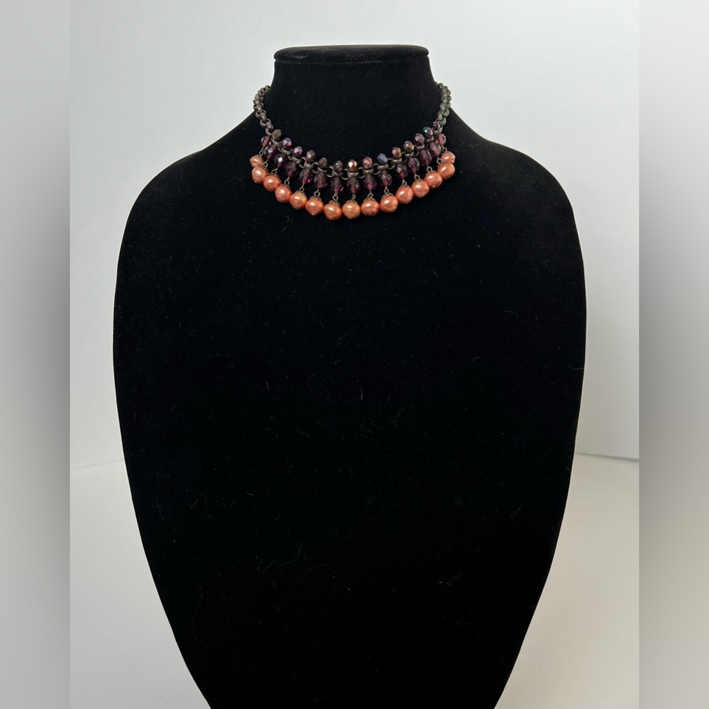 Vintage Beautiful Black Chain with Purple and Pink Tone Beads Choker Necklace.